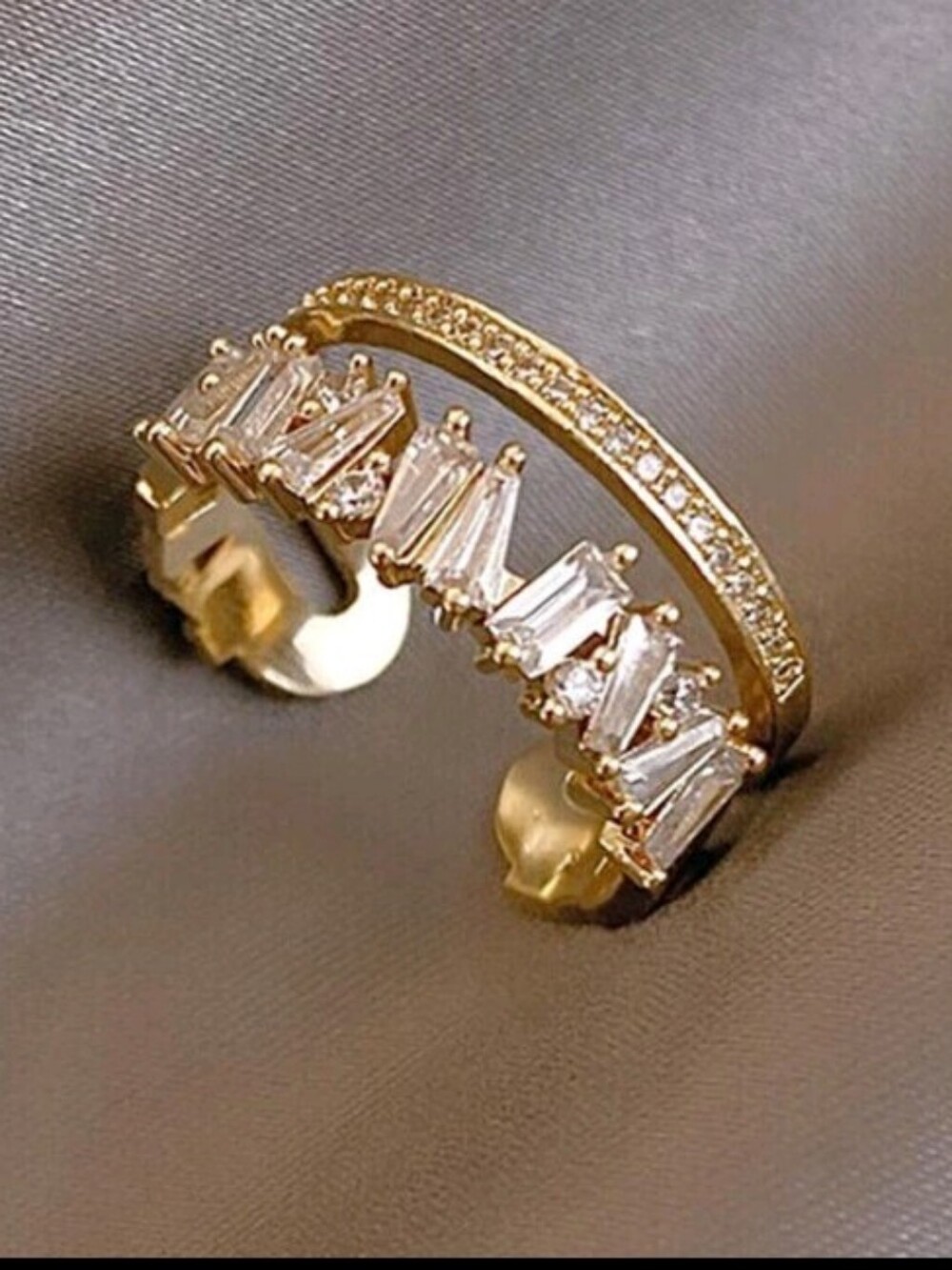 Stunning Gold Crystal Baguette Open Ring - Women Jewelry